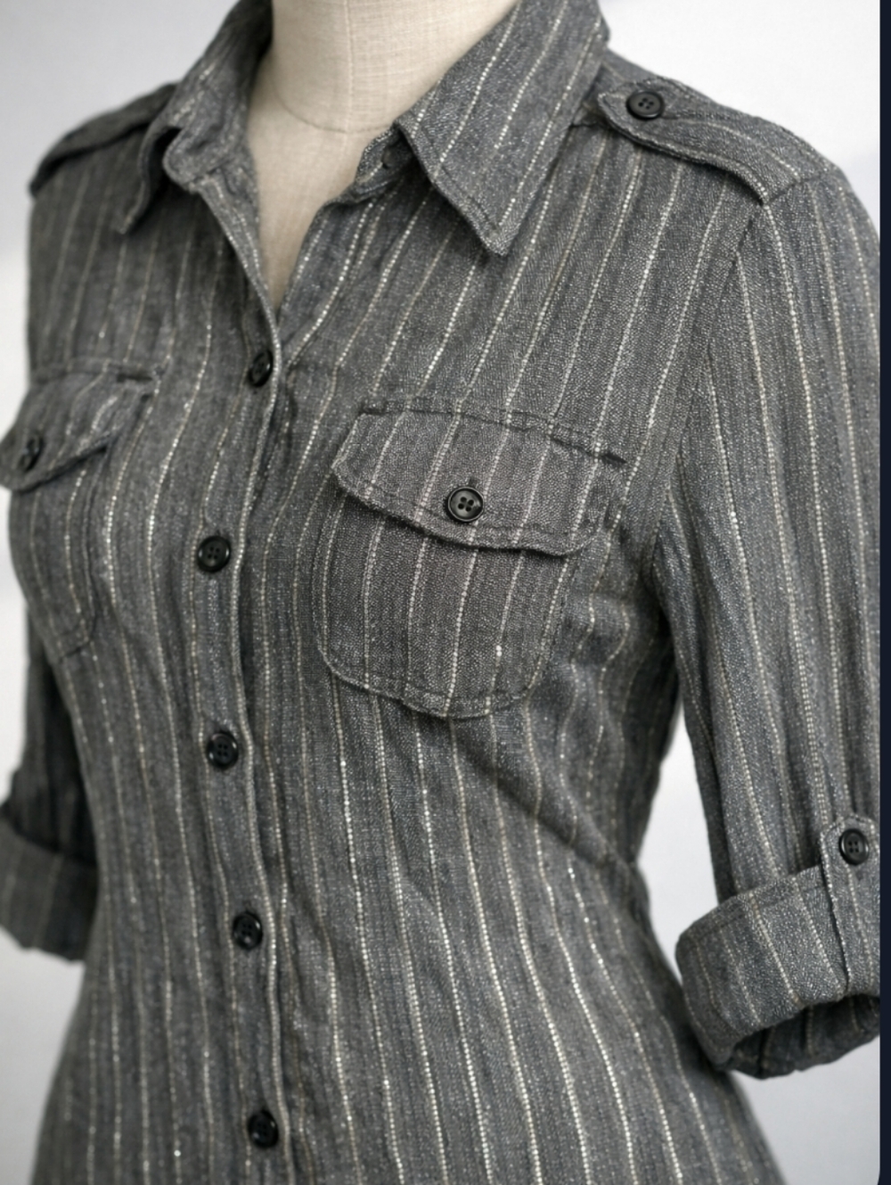 CHICO’S Metallic Silver Pinstripe Button Down Tunic Shirt Jacket Epaulettes Size - Picture 4 of 13